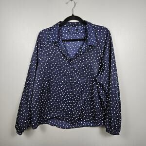 OAT New York Polka Dot Blouse Womens Blue Button Front Long Sleeve Top